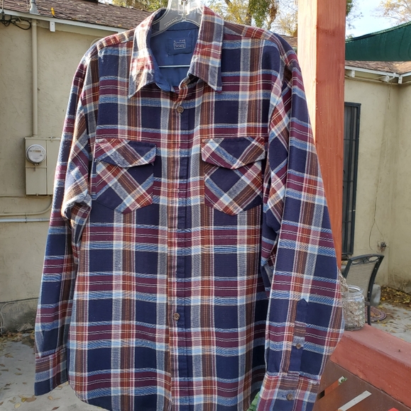 Sear's Vintage long sleeve Acrylic plaid men's button shirt. 17-17.5. Burg/Blue. - Picture 11 of 16